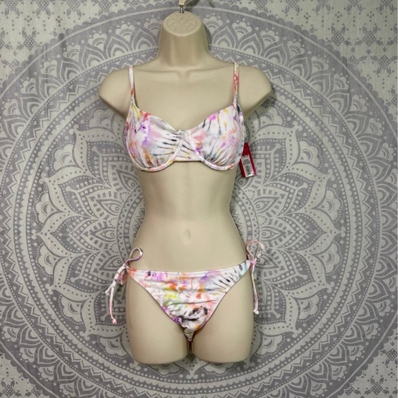 Nwt $58 Xhilaration Target Tie Dye Rainbow Ribbed Bikini Top Tie Bottoms White L - Picture 1 of 12